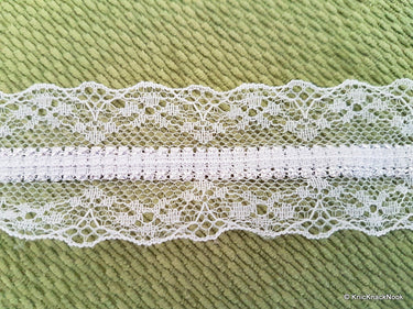White Lace Trim With Silver Metal Detailing, Approx. 42mm Wide Lace Trim